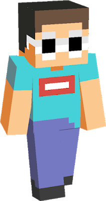 George's Minecraft skin. It's a recoloring of the classic Minecraft skin Steve. George has lighter skin than Steve and brown hair, and is wearing white round sunglasses and a blue Supreme logo shirt over simple blue pants and black shoes.